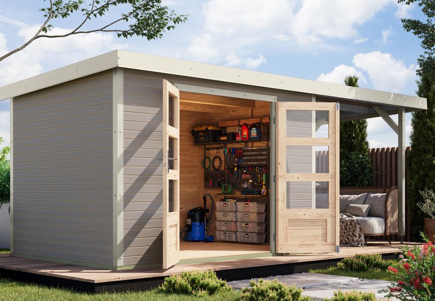 Foto van Karibu tuinhuis met overkapping Jupiter 4 - Set D - watergrijs|wit (12400)