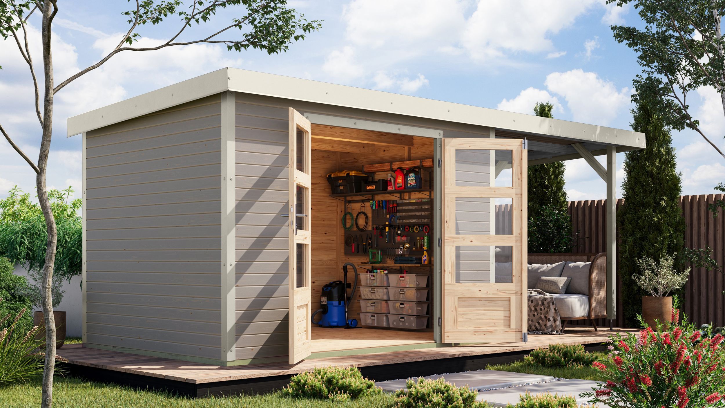 Foto van Karibu 12400 Jupiter 4 tuinhuis met overkapping - watergrijs|wit