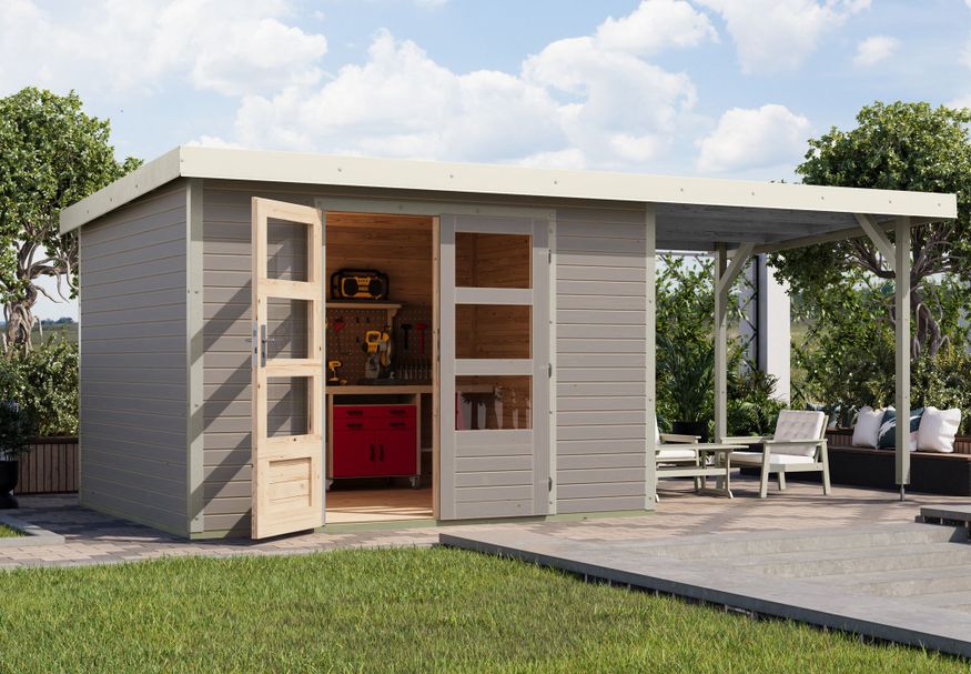 Karibu tuinhuis met overkapping Jupiter 5 - Set D - watergrijs|wit (12415) Foto van Karibu tuinhuis met overkapping Jupiter 5 - Set D - watergrijs|wit (12415)