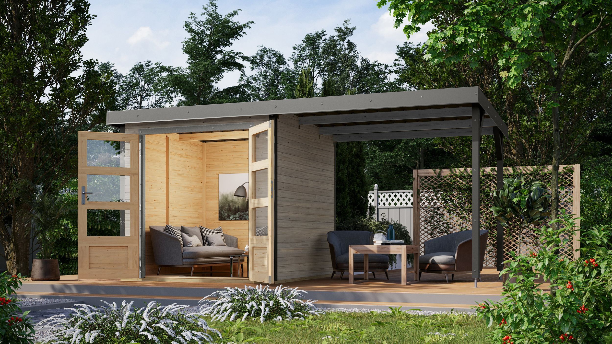 Foto van Karibu 12341 Jupiter 2 tuinhuis met overkapping - watergrijs|grijsaluminium