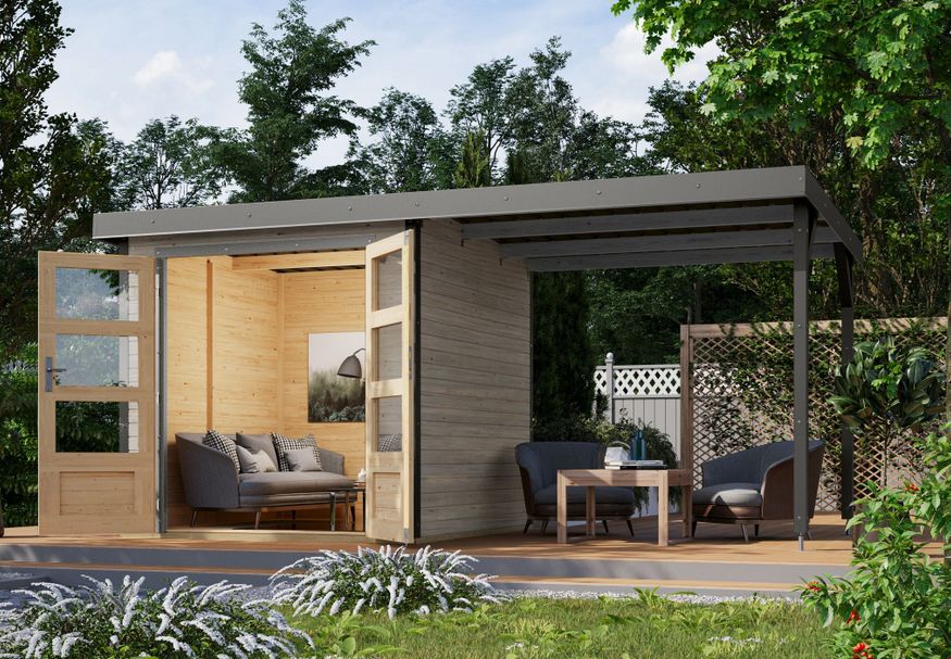 Karibu tuinhuis met overkapping Jupiter 2 - Set D - watergrijs|grijsaluminium (12341) Foto van Karibu tuinhuis met overkapping Jupiter 2 - Set D - watergrijs|grijsaluminium (12341)