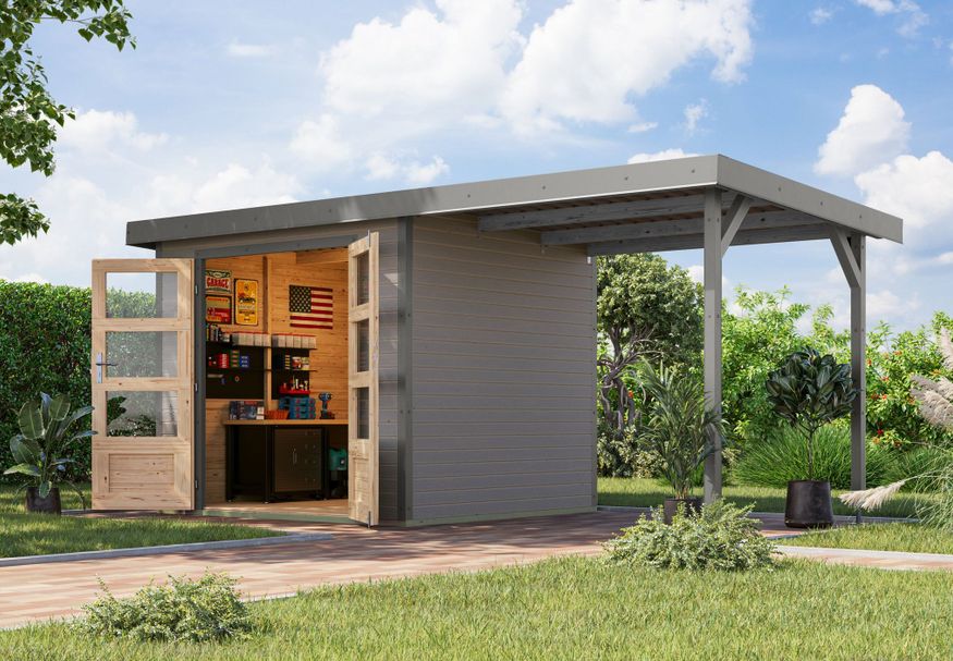 Foto van Karibu tuinhuis met overkapping Jupiter 3 - Set D - watergrijs|grijsaluminium (12369)