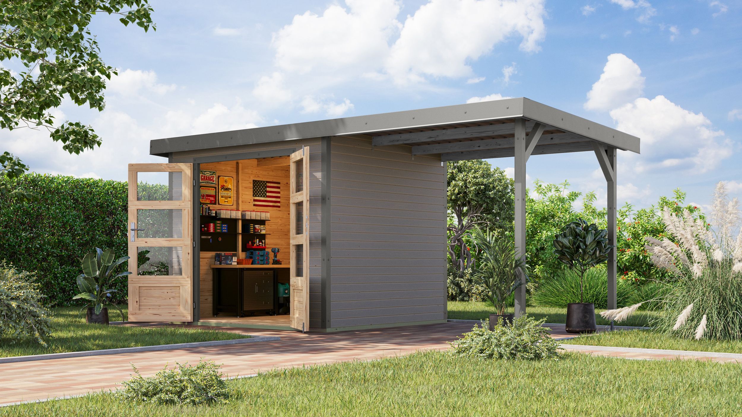 Foto van Karibu 12369 Jupiter 3 tuinhuis met overkapping - watergrijs|grijsaluminium