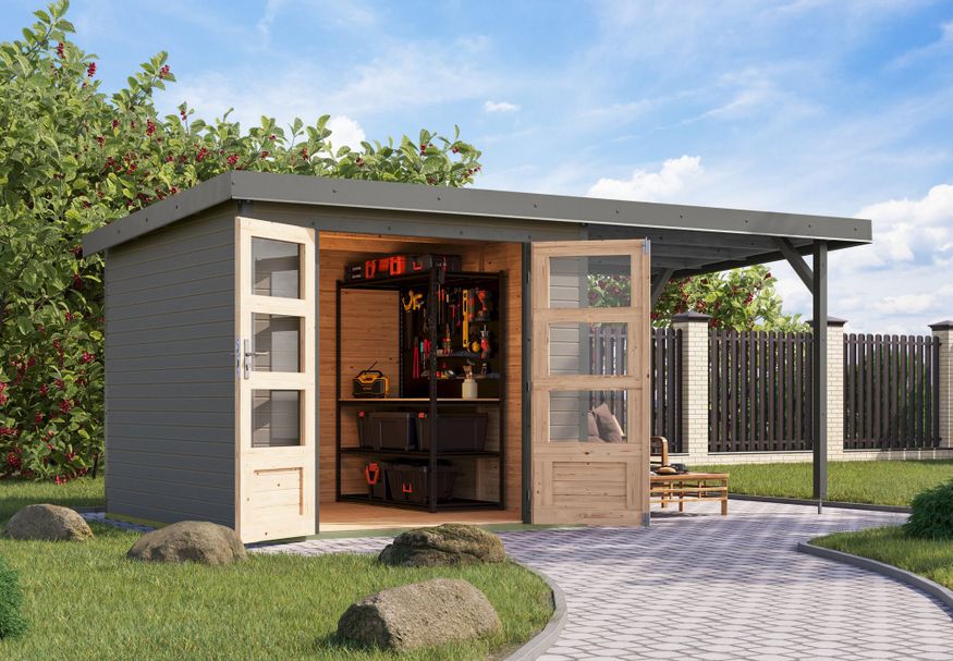 Foto van Karibu tuinhuis met overkapping Jupiter 3.5 - Set D - watergrijs|grijsaluminium (12381)