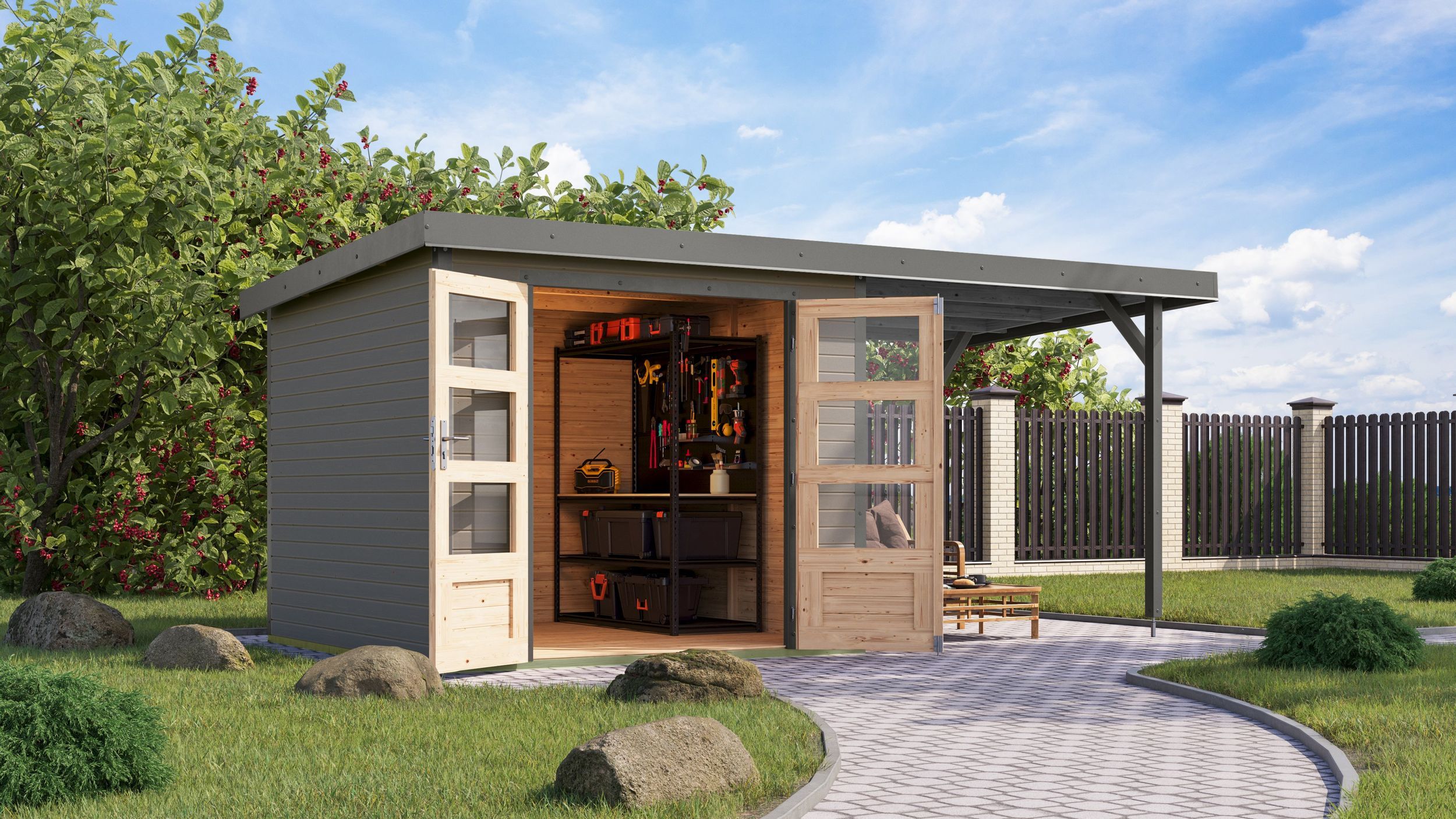 Foto van Karibu 12381 Jupiter 3.5 tuinhuis met overkapping - watergrijs|grijsaluminium