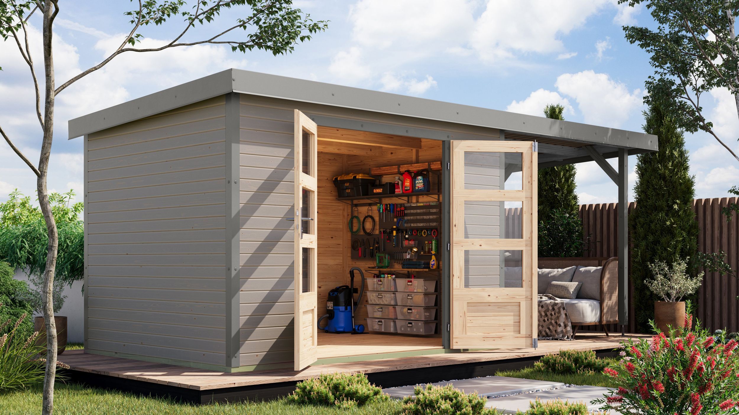 Foto van Karibu 12401 Jupiter 4 tuinhuis met overkapping - watergrijs|grijsaluminium