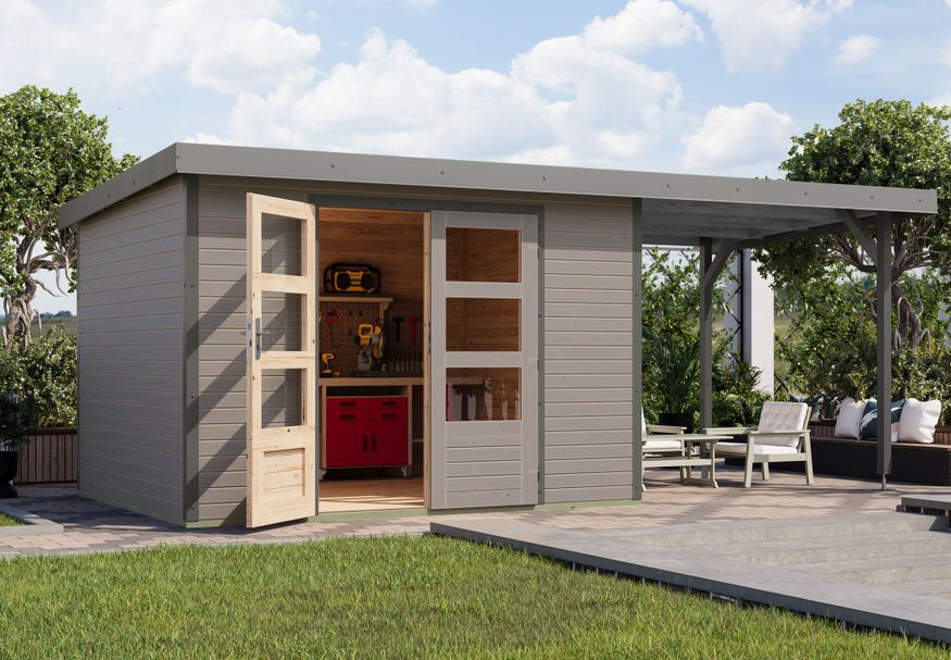 Foto van Karibu tuinhuis met overkapping Jupiter 5 - Set D - watergrijs|grijsaluminium (12416)