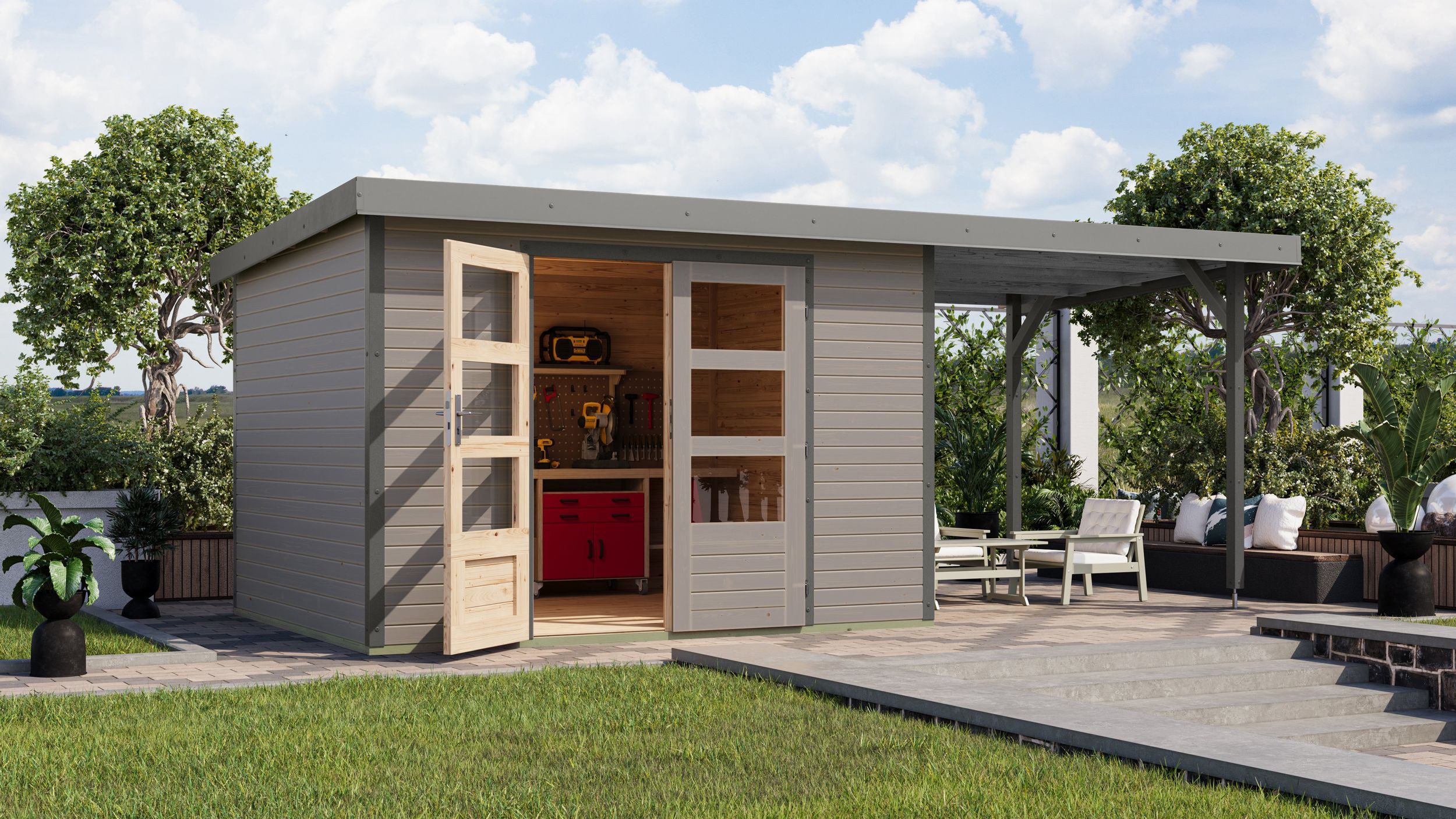 Foto van Karibu 12416 Jupiter 5 tuinhuis met overkapping - watergrijs|grijsaluminium