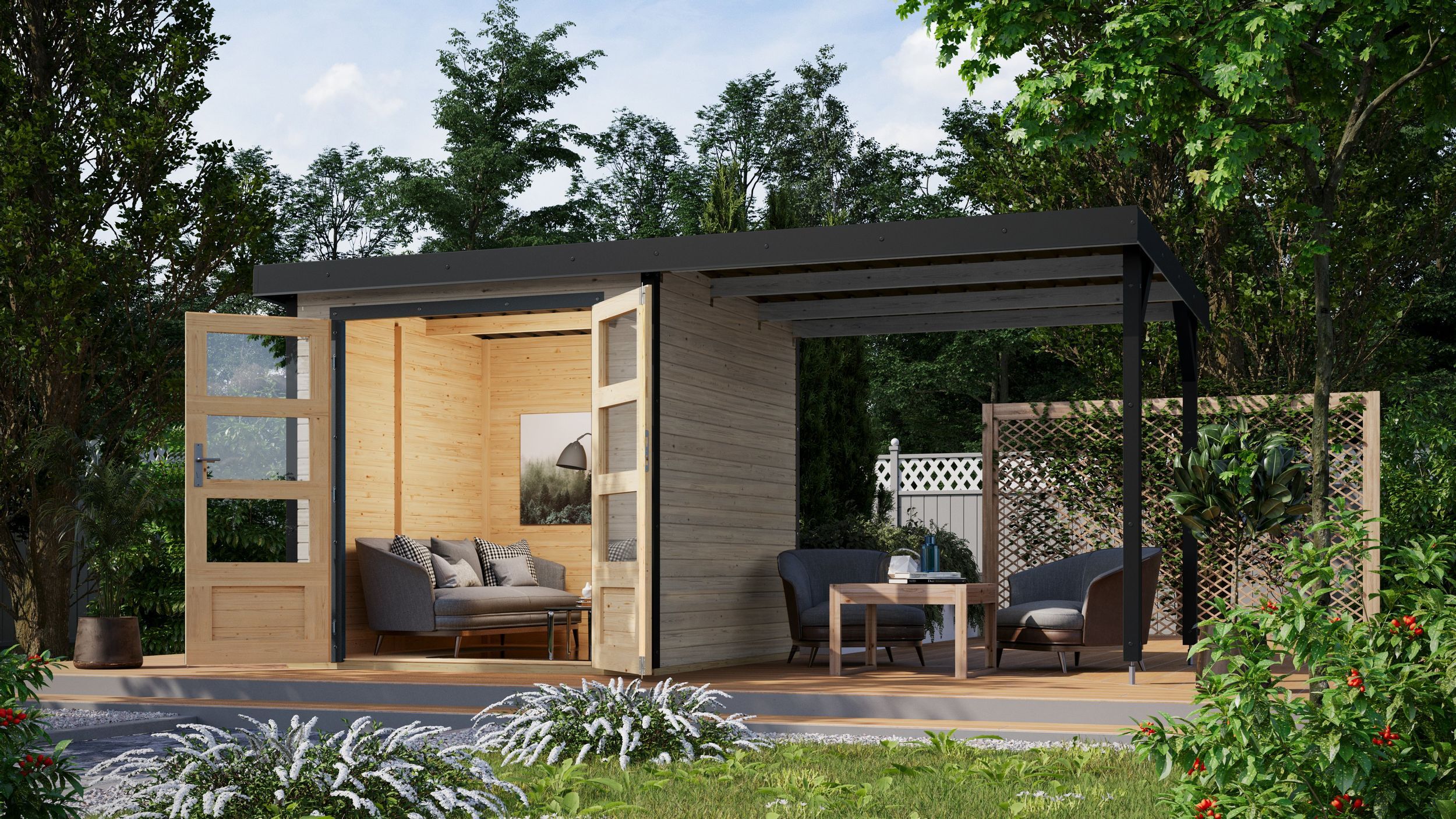 Foto van Karibu 93434 Jupiter 2 tuinhuis met overkapping - watergrijs|antraciet