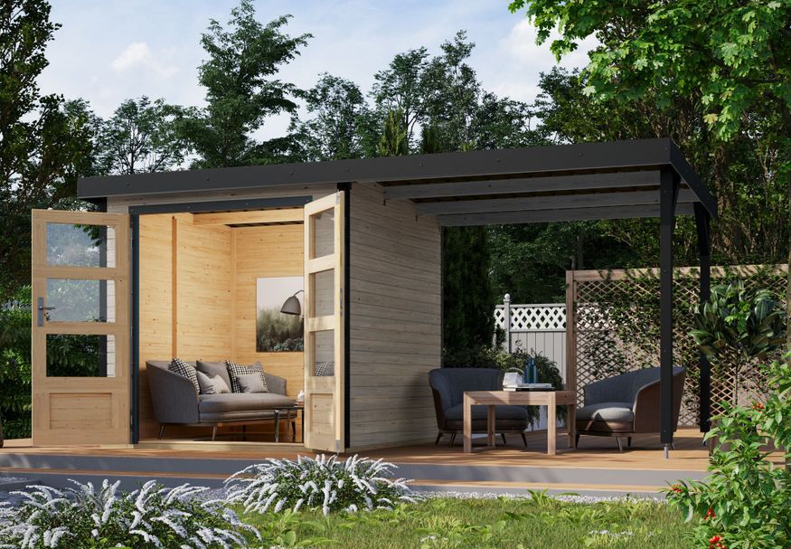 Karibu tuinhuis met overkapping Jupiter 2 - Set D - watergrijs|antraciet (93434) Foto van Karibu tuinhuis met overkapping Jupiter 2 - Set D - watergrijs|antraciet (93434)
