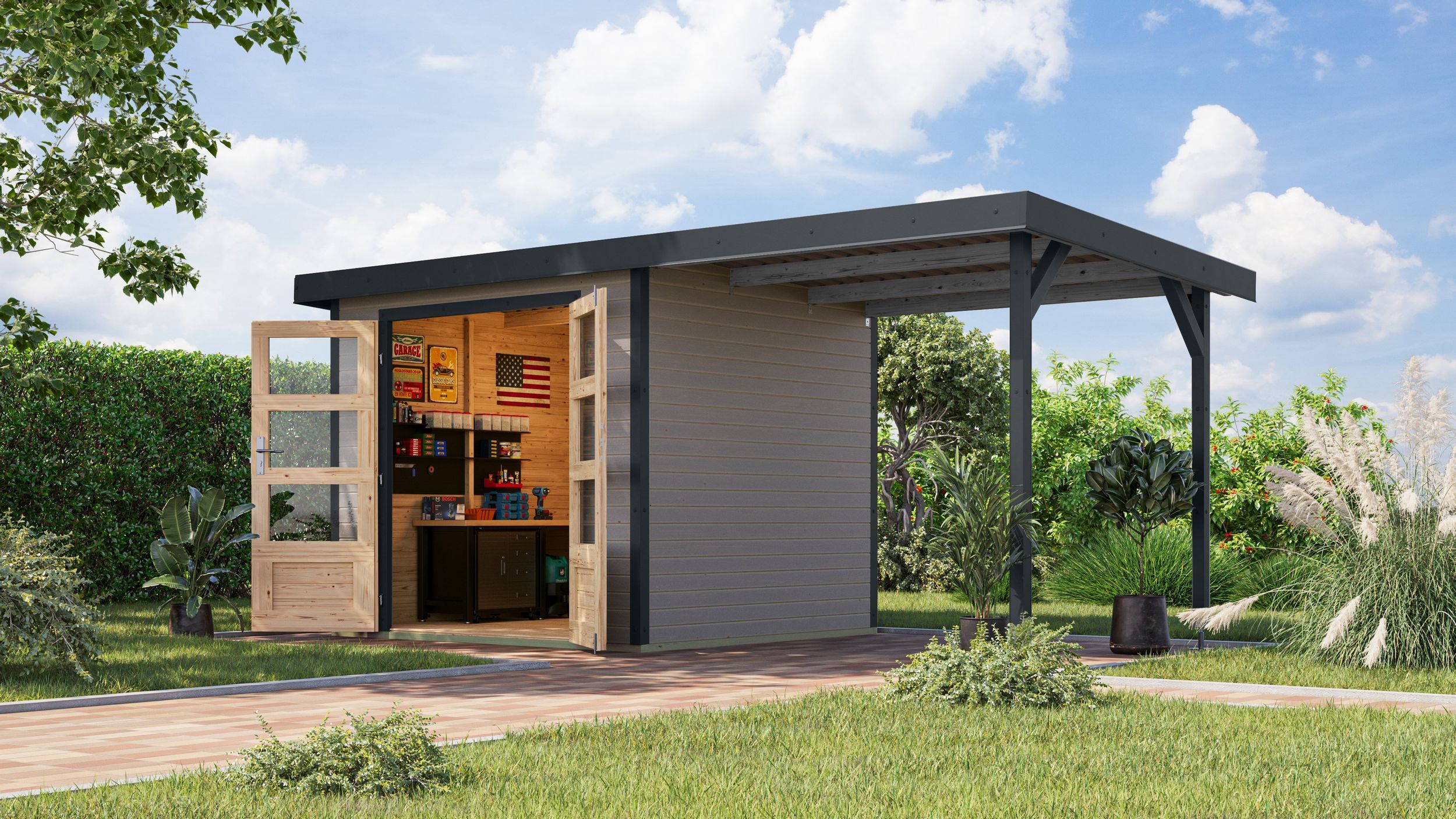 Foto van Karibu 12370 Jupiter 3 tuinhuis met overkapping - watergrijs|antraciet