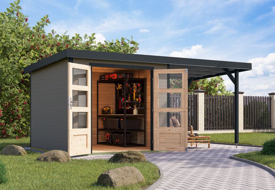 Foto van Karibu tuinhuis met overkapping Jupiter 3.5 - Set D - watergrijs|antraciet (12383)