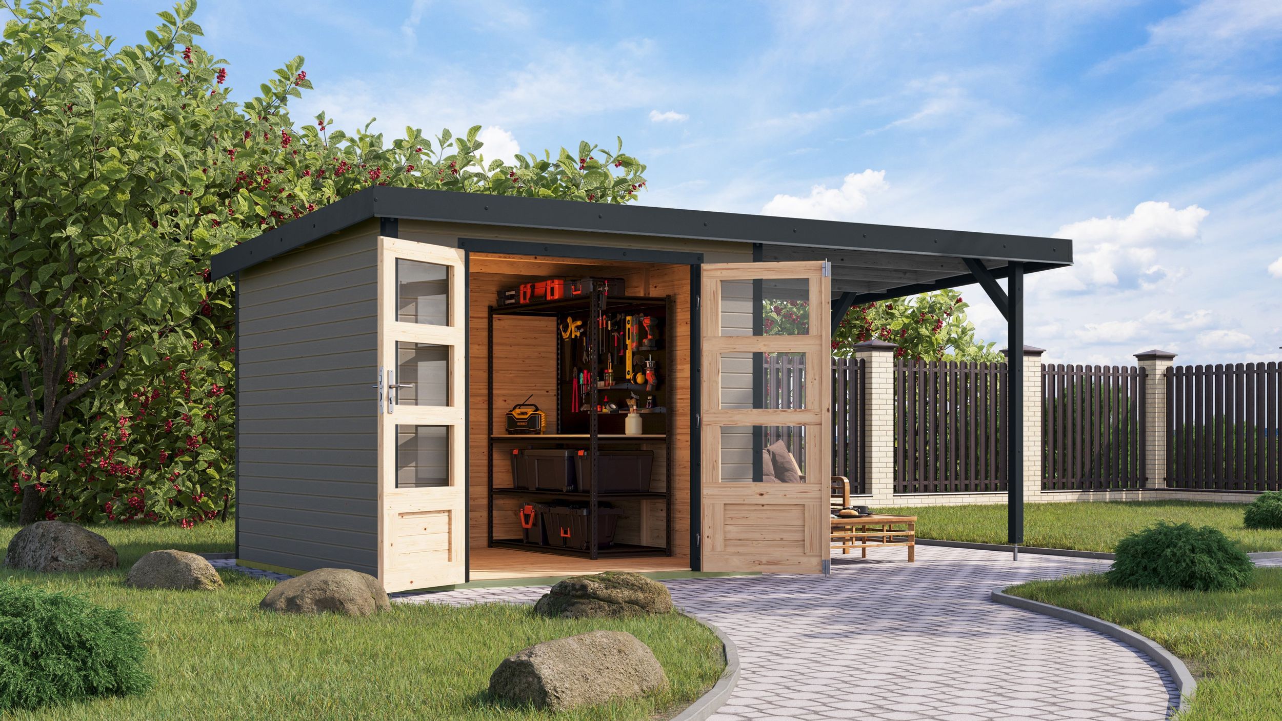 Foto van Karibu 12383 Jupiter 3.5 tuinhuis met overkapping - watergrijs|antraciet