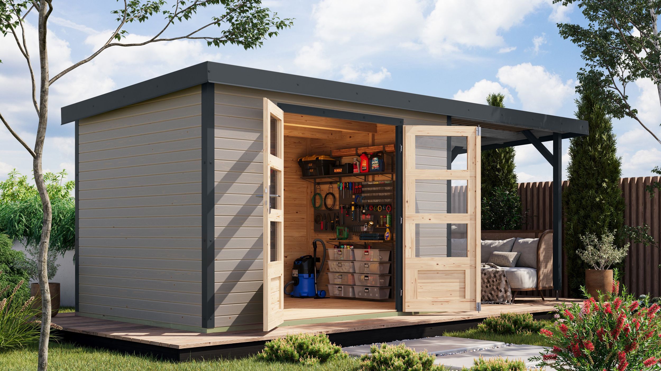 Foto van Karibu 12402 Jupiter 4 tuinhuis met overkapping - watergrijs|antraciet