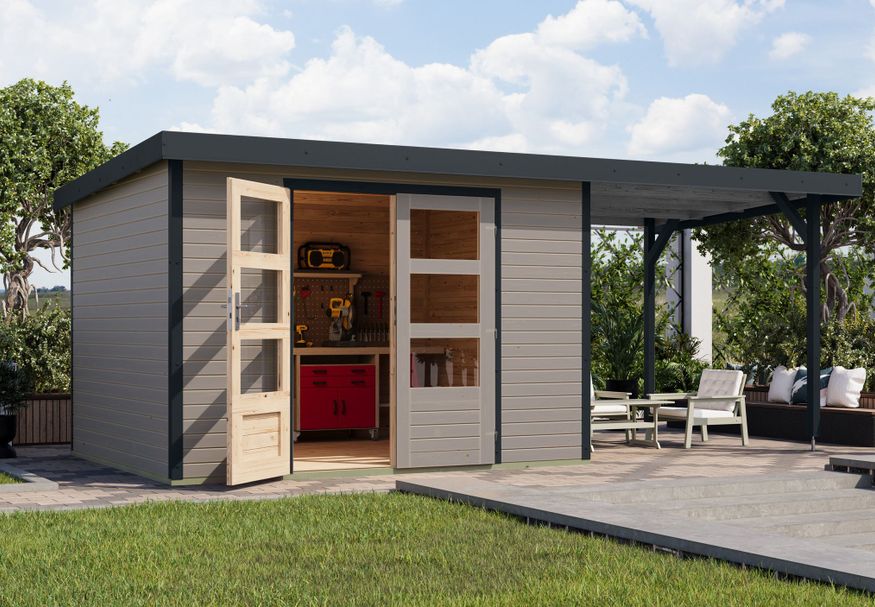 Foto van Karibu tuinhuis met overkapping Jupiter 5 - Set D - watergrijs|antraciet (12417)