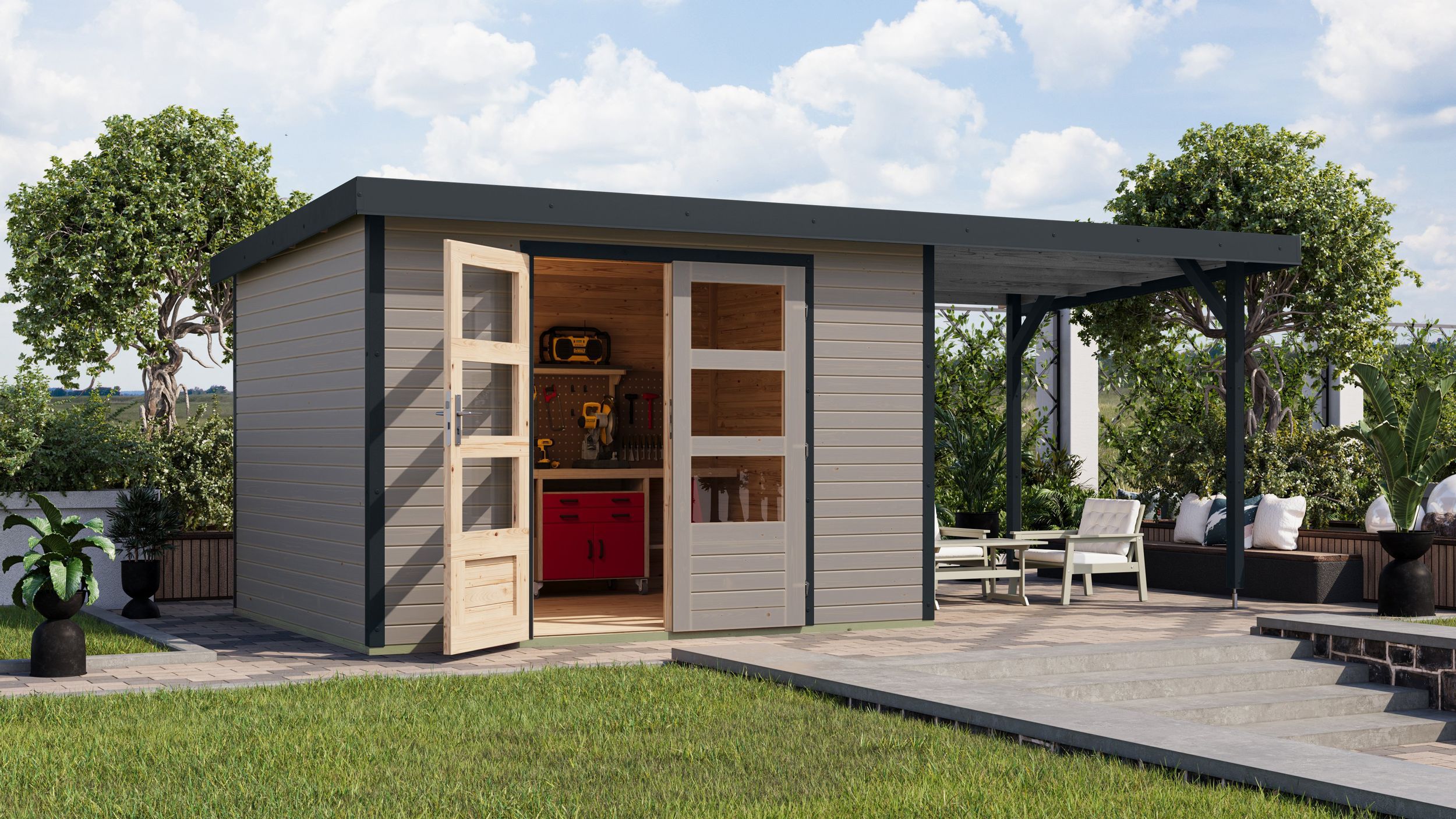 Foto van Karibu 12417 Jupiter 5 tuinhuis met overkapping - watergrijs|antraciet