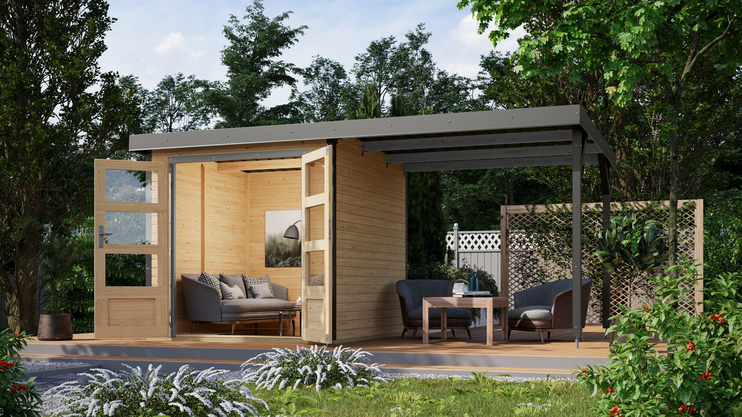 Foto van Karibu 12338 Jupiter 2 tuinhuis met overkapping - vuren|grijsaluminium