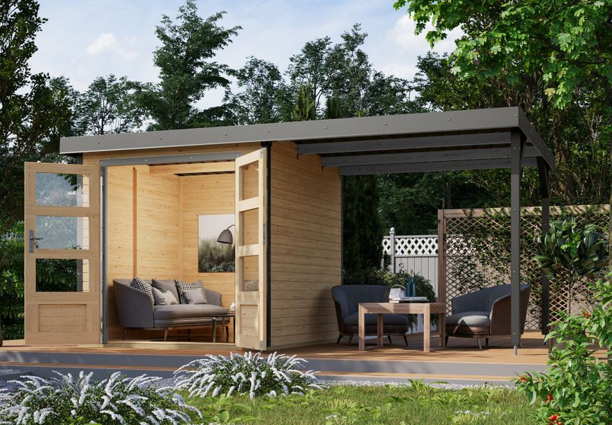 Karibu tuinhuis met overkapping Jupiter 2 - Set A - vuren|grijsaluminium (12338) Foto van Karibu tuinhuis met overkapping Jupiter 2 - Set A - vuren|grijsaluminium (12338)