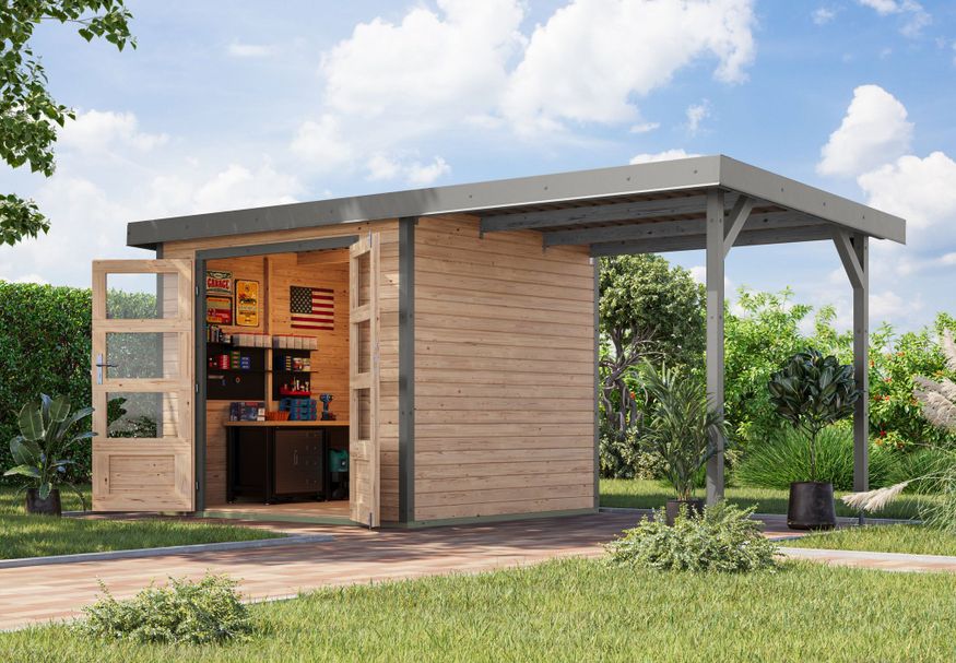 Foto van Karibu tuinhuis met overkapping Jupiter 3 - Set A - vuren|grijsaluminium (12347)