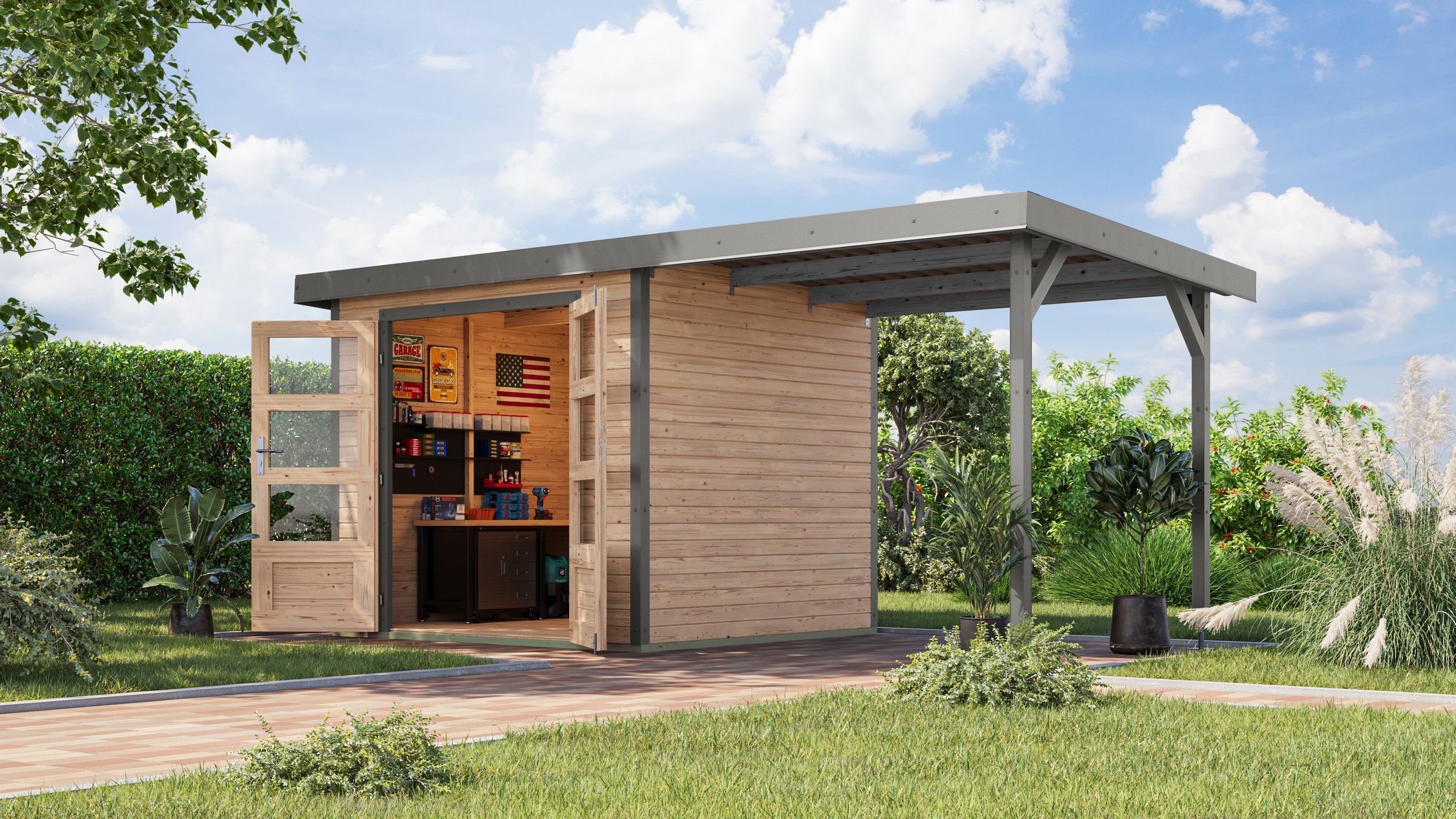 Foto van Karibu 12347 Jupiter 3 tuinhuis met overkapping - vuren|grijsaluminium