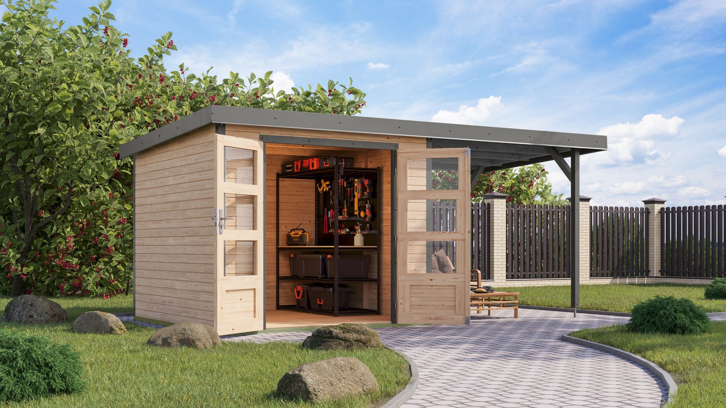 Foto van Karibu 12372 Jupiter 3.5 tuinhuis met overkapping - vuren|grijsaluminium