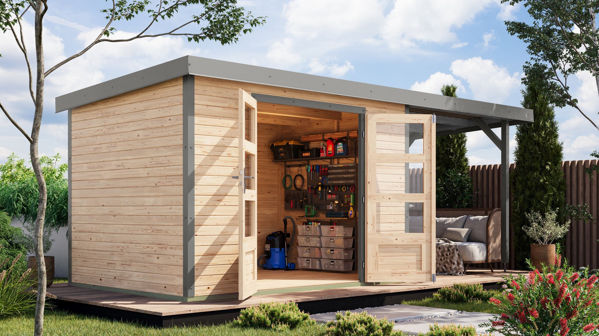 Foto van Karibu 12385 Jupiter 4 tuinhuis met overkapping - vuren|grijsaluminium