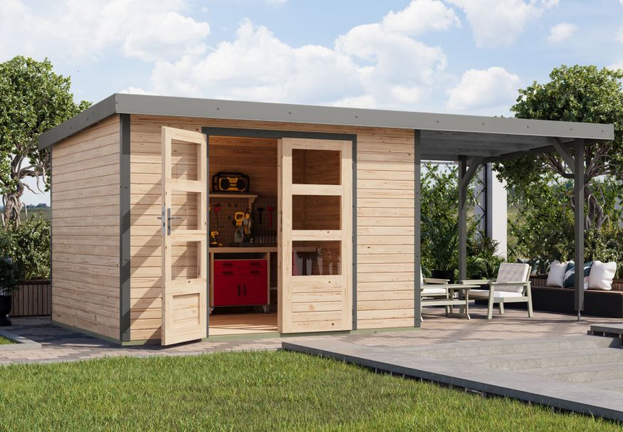 Foto van Karibu tuinhuis met overkapping Jupiter 5 - Set A - vuren|grijsaluminium (12405)