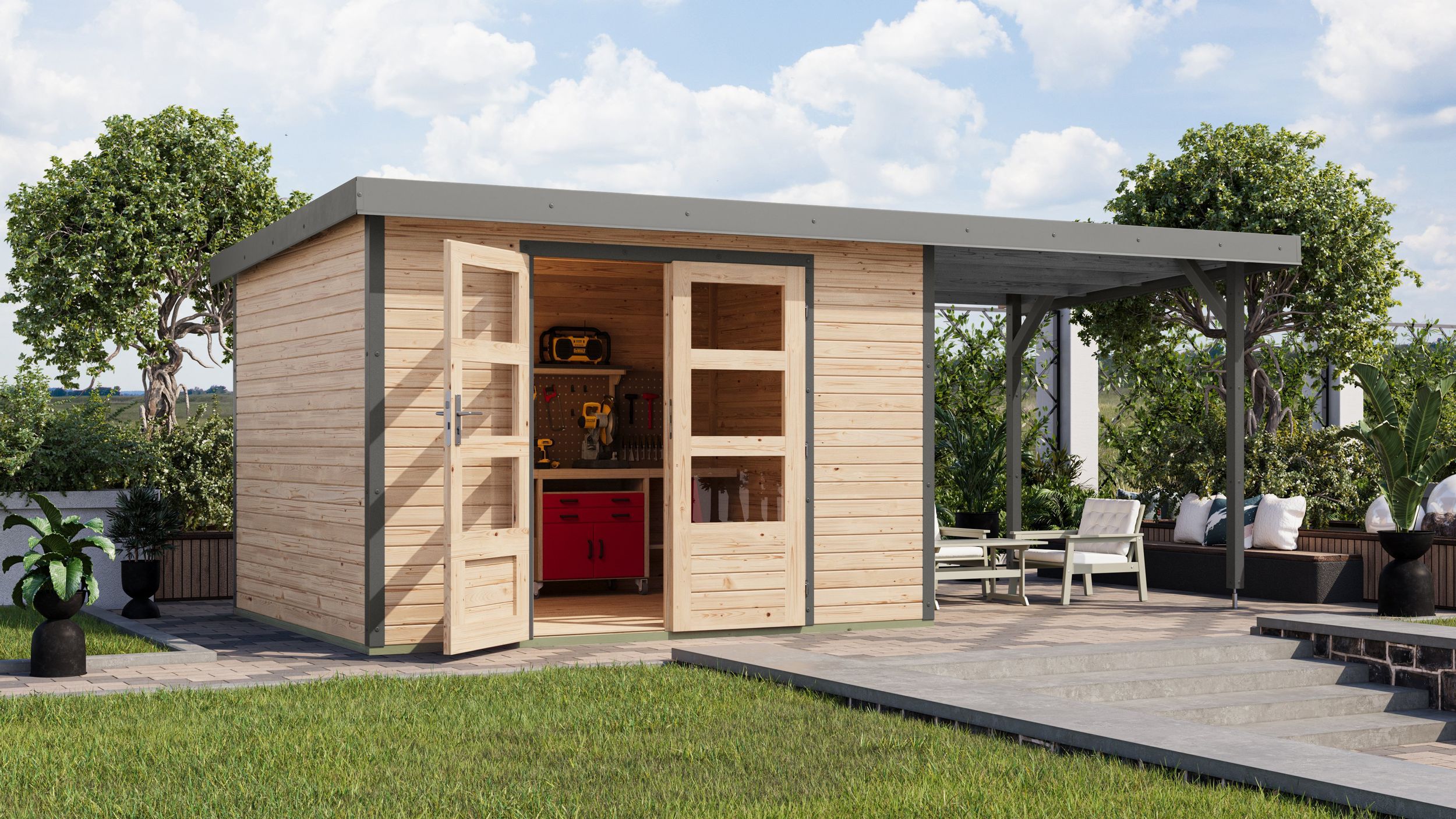 Foto van Karibu 12405 Jupiter 5 tuinhuis met overkapping - vuren|grijsaluminium