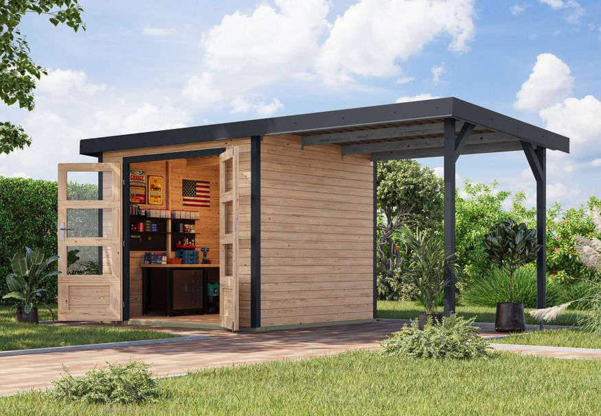 Foto van Karibu tuinhuis met overkapping Jupiter 3 - Set A - vuren|antraciet (12348)