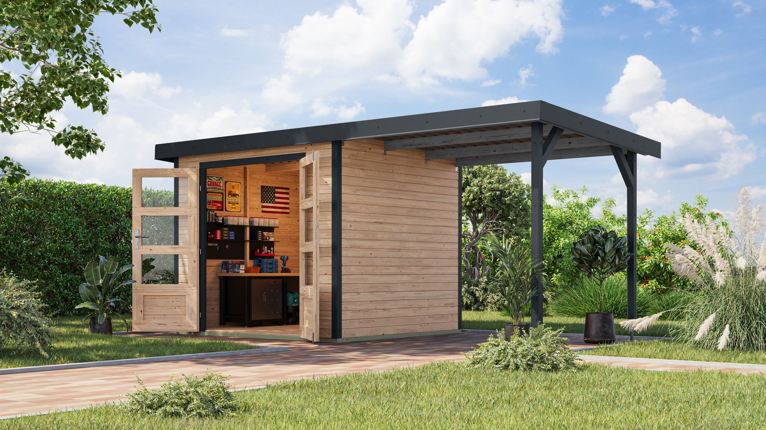 Foto van Karibu 12348 Jupiter 3 tuinhuis met overkapping - vuren|antraciet