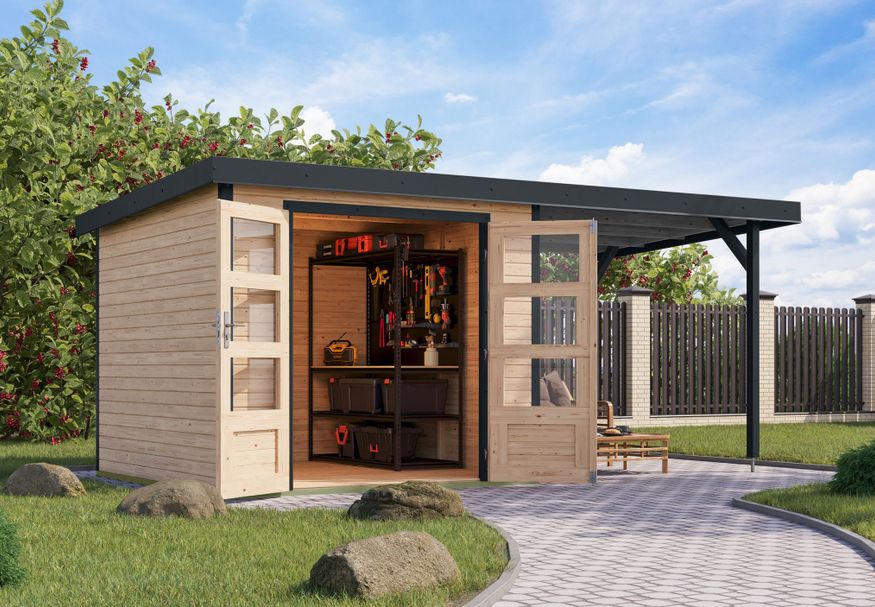 Foto van Karibu tuinhuis met overkapping Jupiter 3.5 - Set A - vuren|antraciet (12373)