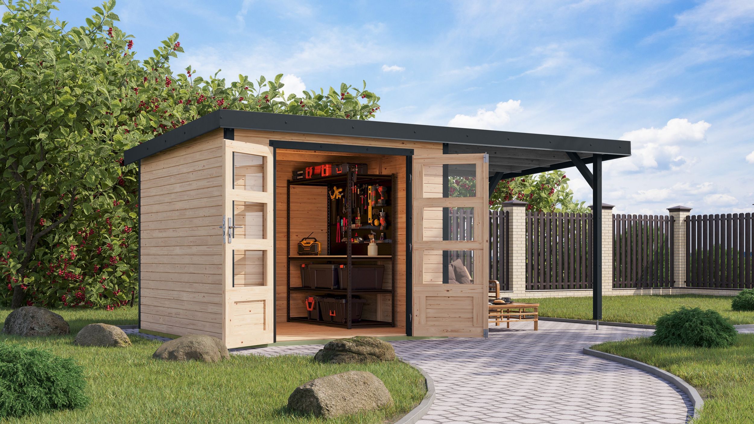 Foto van Karibu 12373 Jupiter 3.5 tuinhuis met overkapping - vuren|antraciet