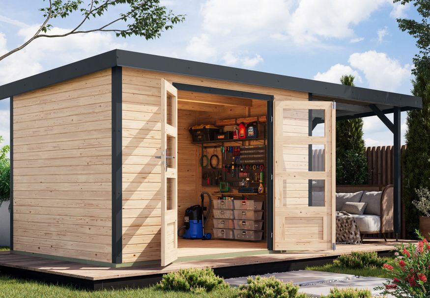 Foto van Karibu tuinhuis met overkapping Jupiter 4 - Set A - vuren|antraciet (12386)