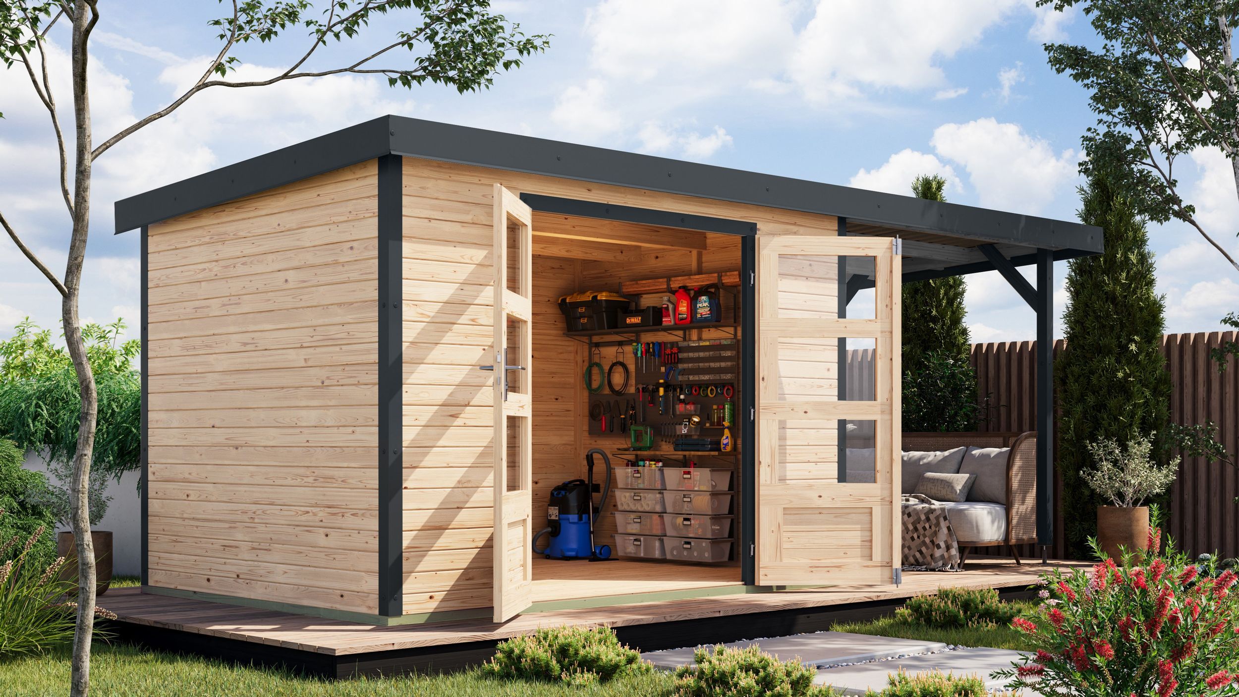 Foto van Karibu 12386 Jupiter 4 tuinhuis met overkapping - vuren|antraciet