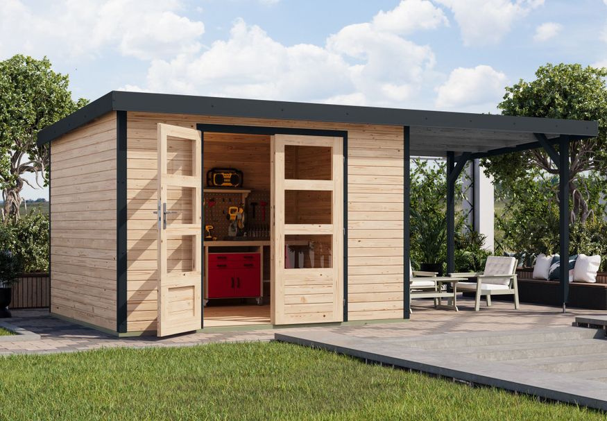 Foto van Karibu tuinhuis met overkapping Jupiter 5 - Set A - vuren|antraciet (12406)