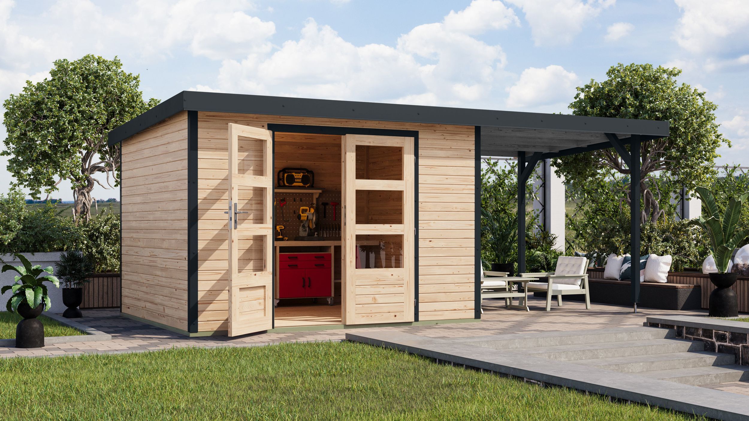 Foto van Karibu 12406 Jupiter 5 tuinhuis met overkapping - vuren|antraciet