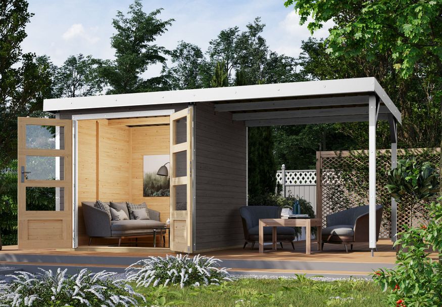 Karibu tuinhuis met overkapping Jupiter 2 - Set B - terragrijs|wit (93426) Foto van Karibu tuinhuis met overkapping Jupiter 2 - Set B - terragrijs|wit (93426)