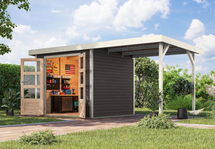 Karibu tuinhuis met overkapping Jupiter 3 - Set B - terragrijs|wit (12359) Foto van Karibu tuinhuis met overkapping Jupiter 3 - Set B - terragrijs|wit (12359)