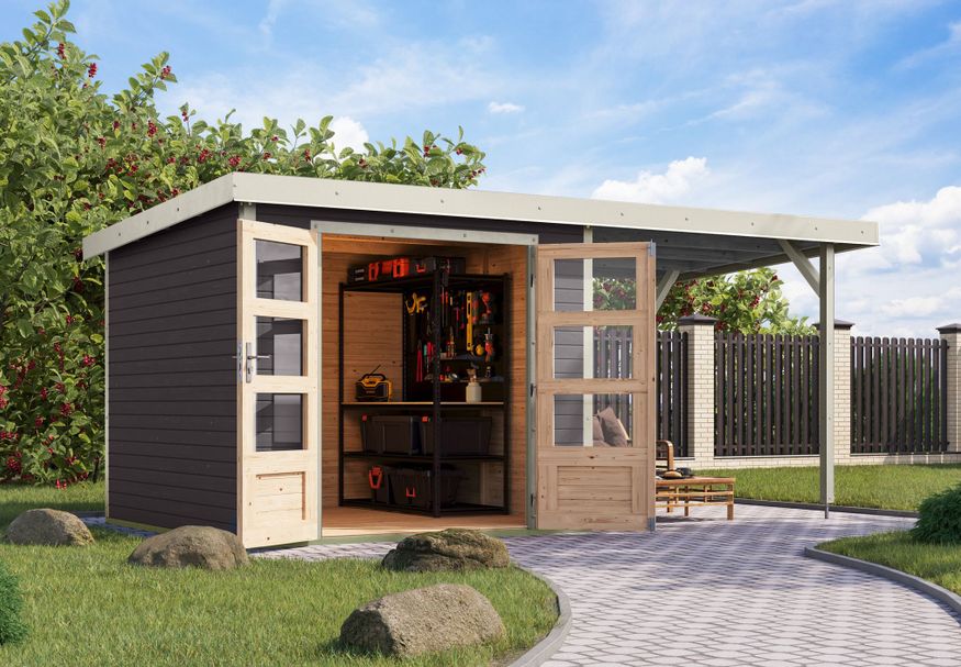 Karibu tuinhuis met overkapping Jupiter 3.5 - Set B - terragrijs|wit (12374) Foto van Karibu tuinhuis met overkapping Jupiter 3.5 - Set B - terragrijs|wit (12374)