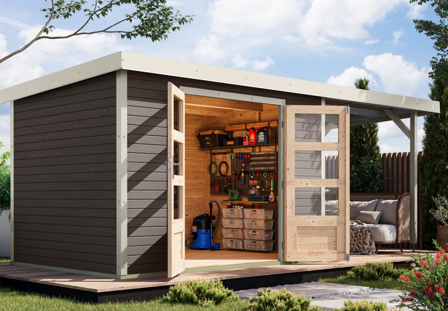 Karibu tuinhuis met overkapping Jupiter 4 - Set B - terragrijs|wit (12387) Foto van Karibu tuinhuis met overkapping Jupiter 4 - Set B - terragrijs|wit (12387)