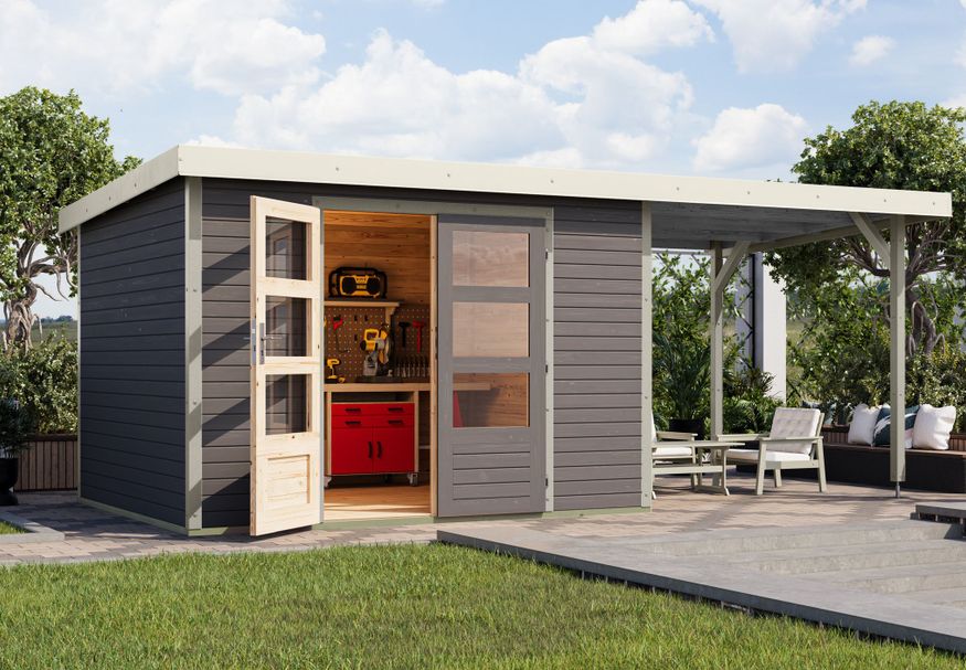 Karibu tuinhuis met overkapping Jupiter 5 - Set B - terragrijs|wit (12409) Foto van Karibu tuinhuis met overkapping Jupiter 5 - Set B - terragrijs|wit (12409)