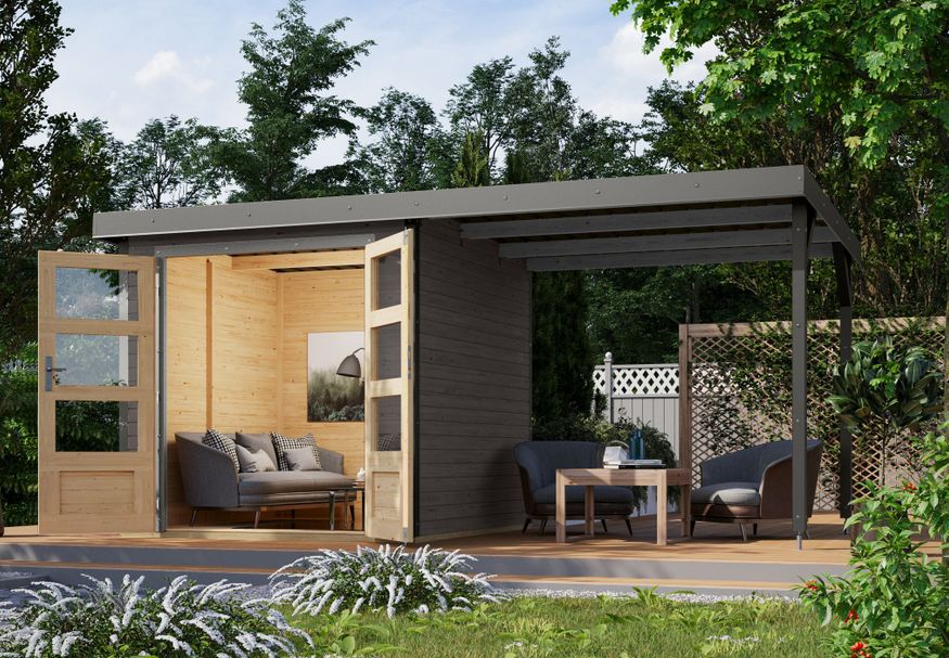 Karibu tuinhuis met overkapping Jupiter 2 - Set B - terragrijs|grijsaluminium (12339) Foto van Karibu tuinhuis met overkapping Jupiter 2 - Set B - terragrijs|grijsaluminium (12339)