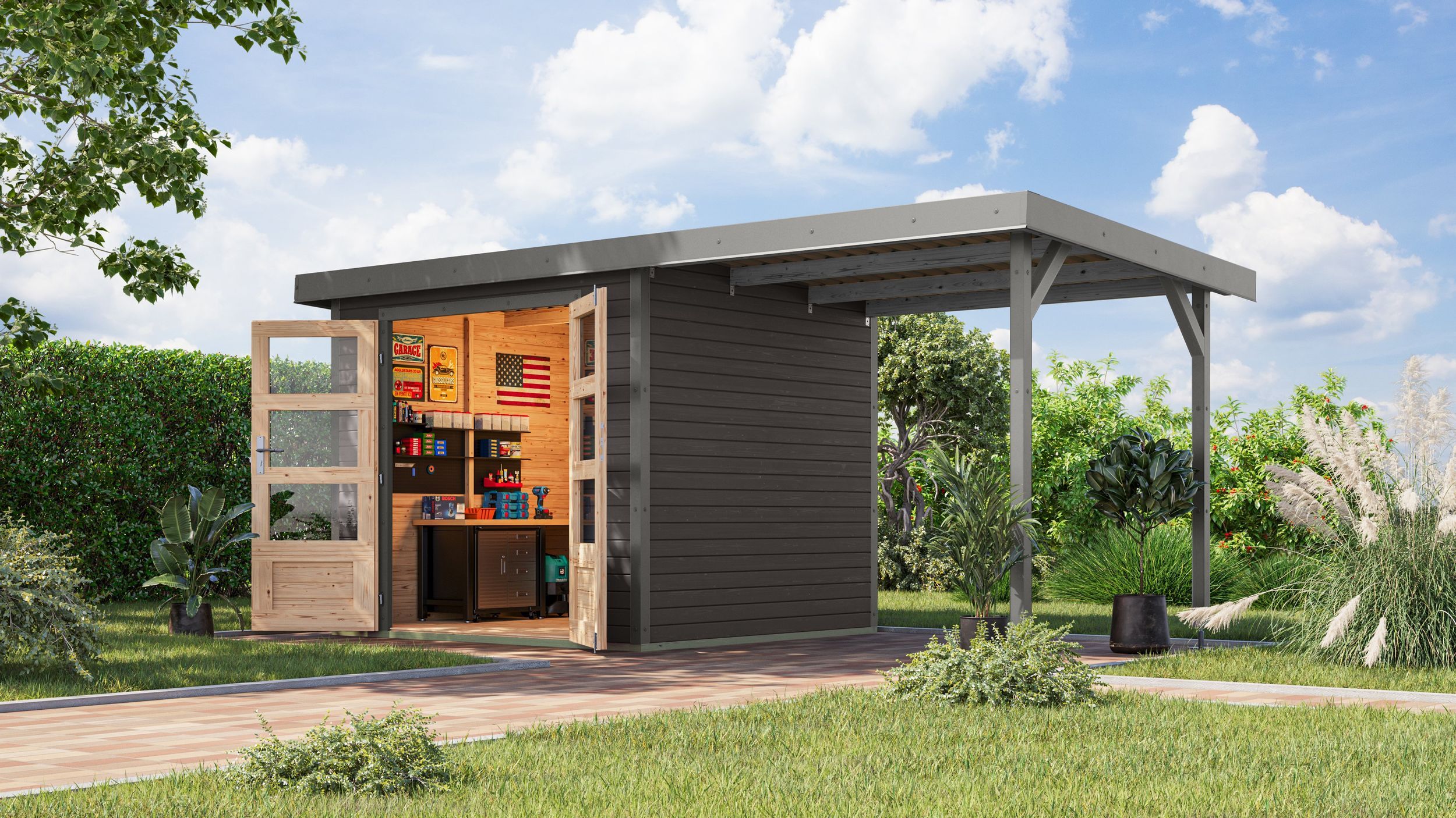 Foto van Karibu 12360 Jupiter 3 tuinhuis met overkapping - terragrijs|grijsaluminium