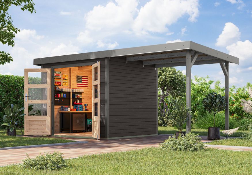 Karibu tuinhuis met overkapping Jupiter 3 - Set B - terragrijs|grijsaluminium (12360) Foto van Karibu tuinhuis met overkapping Jupiter 3 - Set B - terragrijs|grijsaluminium (12360)