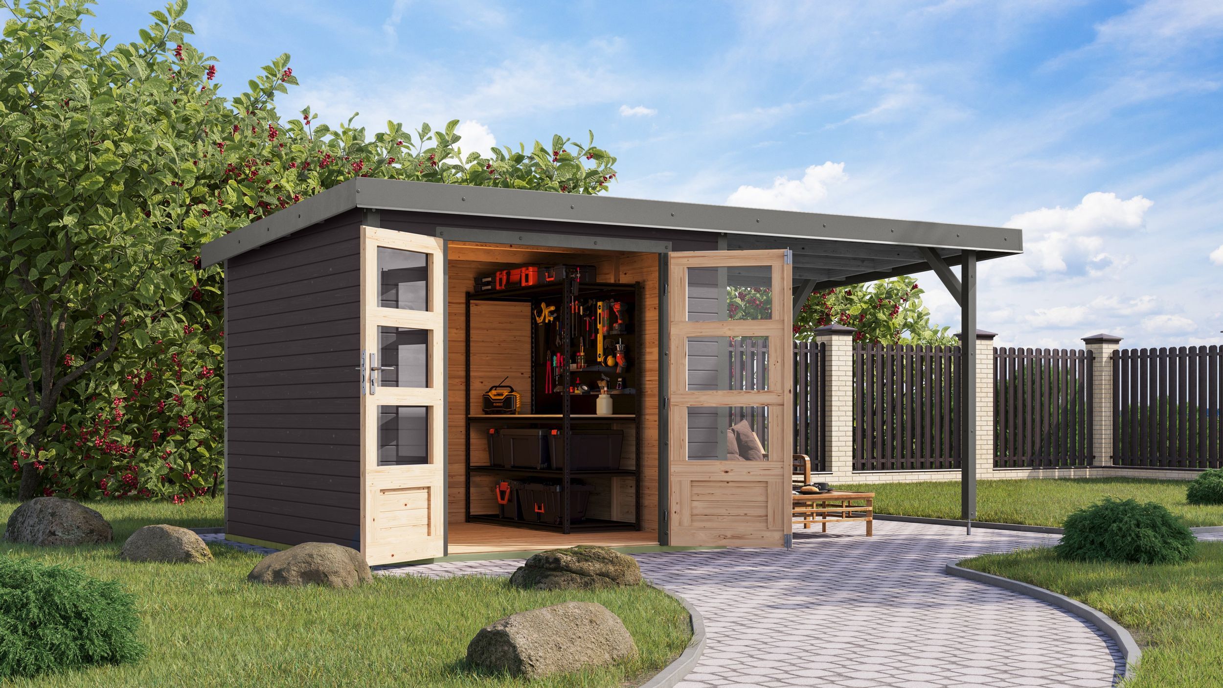 Foto van Karibu 12375 Jupiter 3.5 tuinhuis met overkapping - terragrijs|grijsaluminium