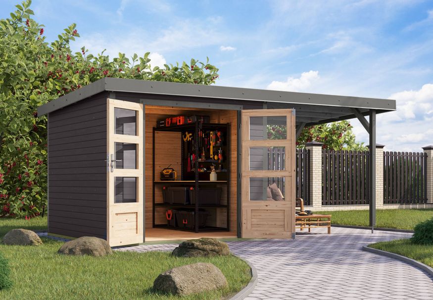 Karibu tuinhuis met overkapping Jupiter 3.5 - Set B - terragrijs|grijsaluminium (12375) Foto van Karibu tuinhuis met overkapping Jupiter 3.5 - Set B - terragrijs|grijsaluminium (12375)