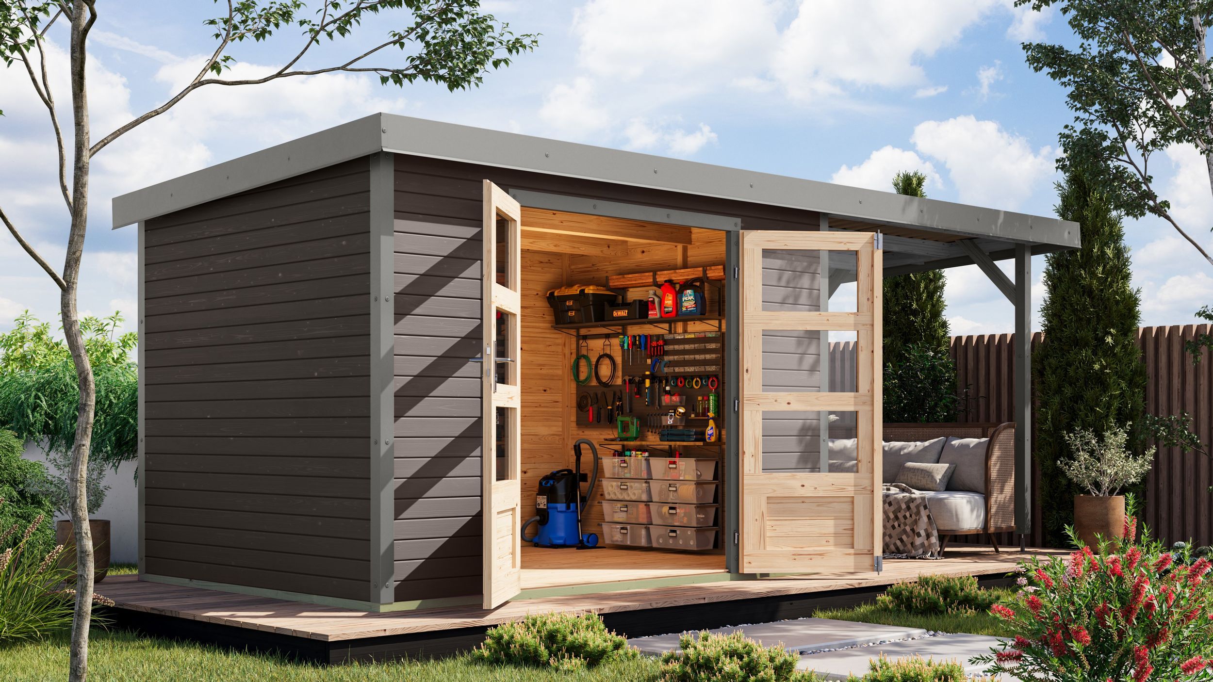 Foto van Karibu 12388 Jupiter 4 tuinhuis met overkapping - terragrijs|grijsaluminium