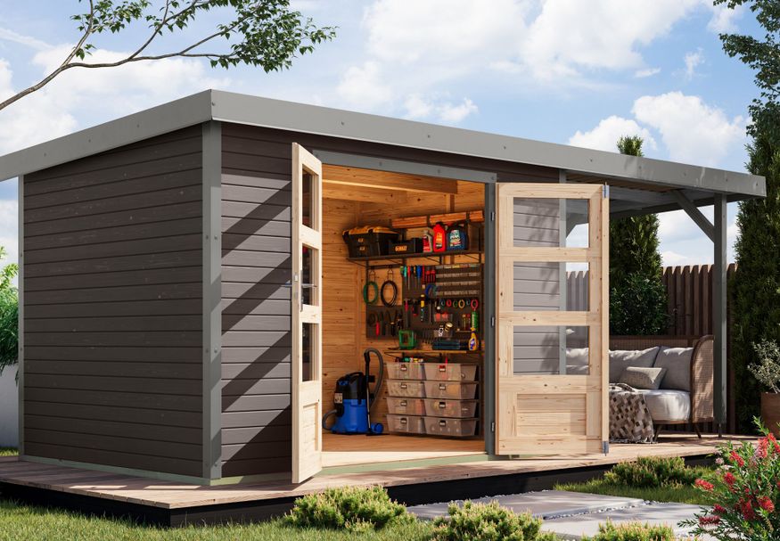 Karibu tuinhuis met overkapping Jupiter 4 - Set B - terragrijs|grijsaluminium (12388) Foto van Karibu tuinhuis met overkapping Jupiter 4 - Set B - terragrijs|grijsaluminium (12388)