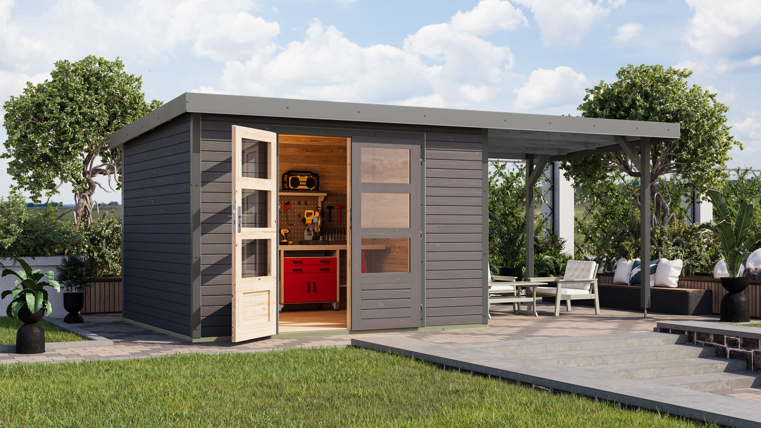 Foto van Karibu 12410 Jupiter 5 tuinhuis met overkapping - terragrijs|grijsaluminium