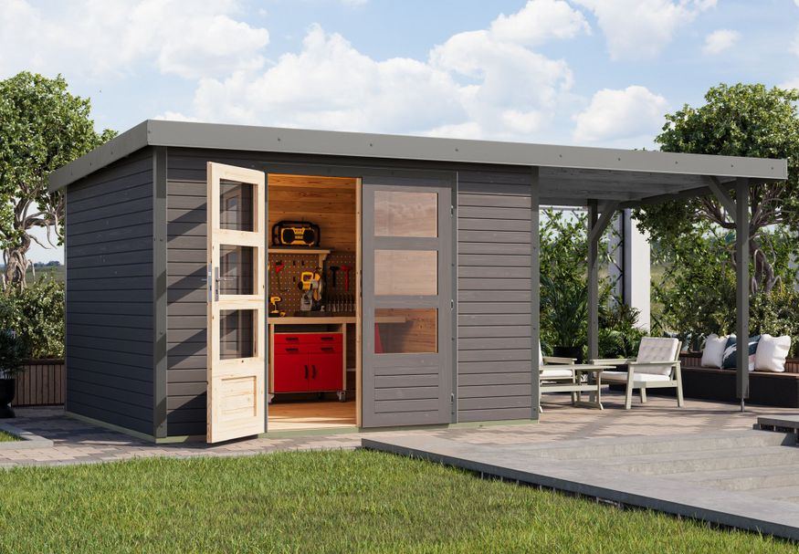 Karibu tuinhuis met overkapping Jupiter 5 - Set B - terragrijs|grijsaluminium (12410) Foto van Karibu tuinhuis met overkapping Jupiter 5 - Set B - terragrijs|grijsaluminium (12410)